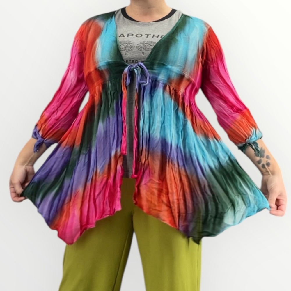 Pchool Tie Front Kimono Asymmetrical Top Women Size 18 Tie Dye Fairycore Hippie